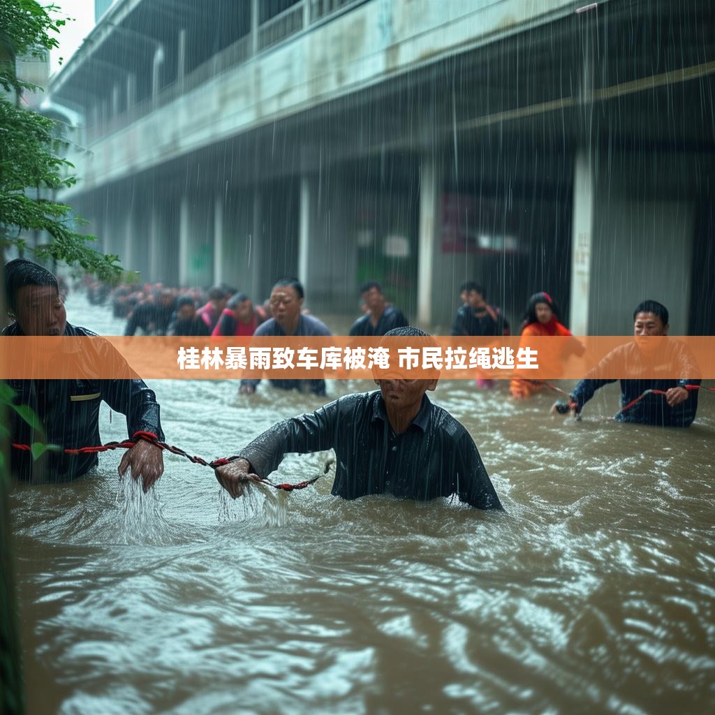 桂林暴雨致车库被淹 市民拉绳逃生